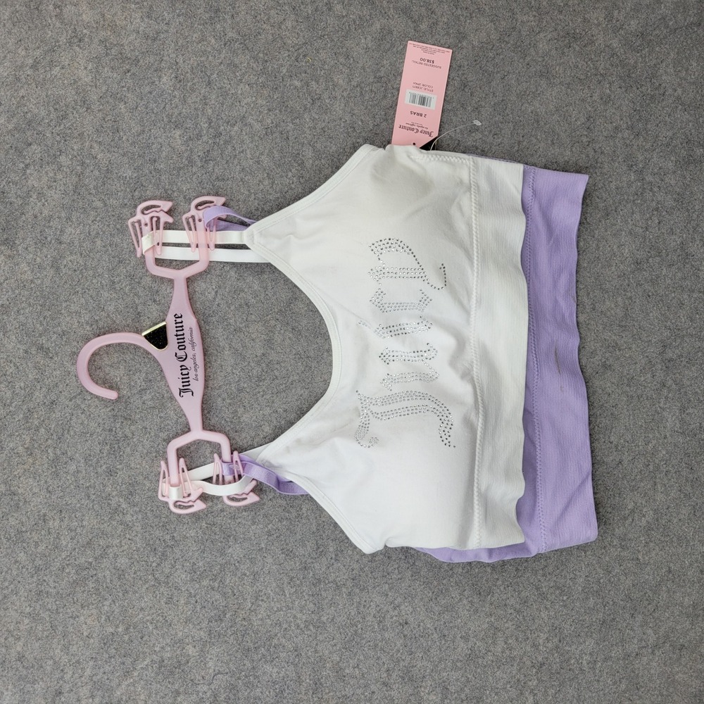 Juicy Couture 2 Pack Bralette Large White Lavender Rhinestone Logo JC6871 NEW